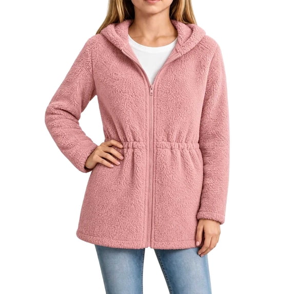 OGLCCG Girls Fleece Jacket with Hood Full Zip Fuzzy Sherpa Coat Long Sleeve Fall Winter Outwear with Pockets,Drawstring Waist(Pink,6-7 Years)