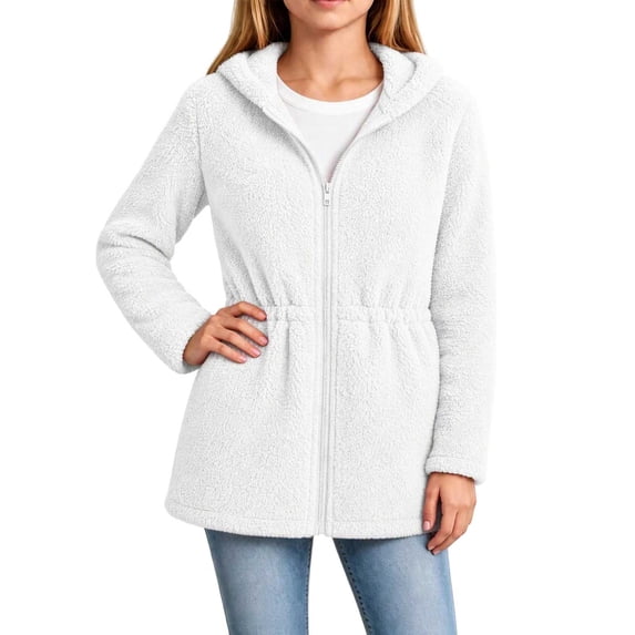 OGLCCG Girls Fleece Jacket with Hood Full Zip Fuzzy Sherpa Coat Long Sleeve Fall Winter Outwear with Pockets,Drawstring Waist(White,6-7 Years)
