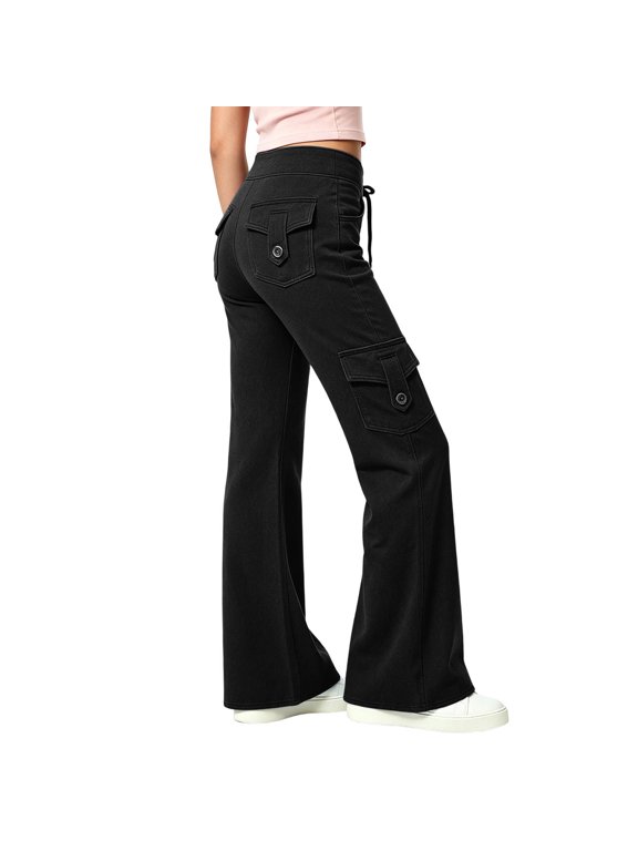 Girls Fleece Lined Flare Pants High Waist Winter Warm Bell Bottom Pants for Girl Teen Casual Athletic Pants with Pockets(Black,8-9 Years)