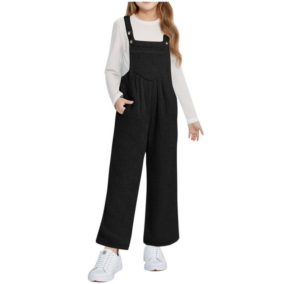 OGLCCG Girls Fleece Overalls Kids Winter Loose Wide Leg Jumpsuit Rompers with Pockets Soft Warm Plush Fuzzy Overalls 5-14 Years