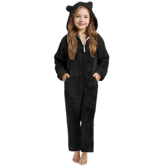 OGLCCG Girls Fleece Zip Up Jumpsuits Kids Fuzzy Onesie Hooded Rompers Cute Costume Winter Warm Clothes with Pockets 5-15 Years