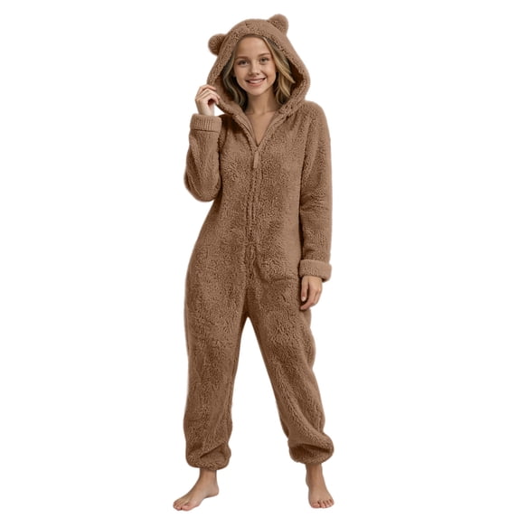 OGLCCG Girls Fleece Zip Up Jumpsuits Kids Hooded Rompers Long Sleeve Soft Fuzzy Onesie Warm Cute Winter Clothes(Brown,5-6 Years)