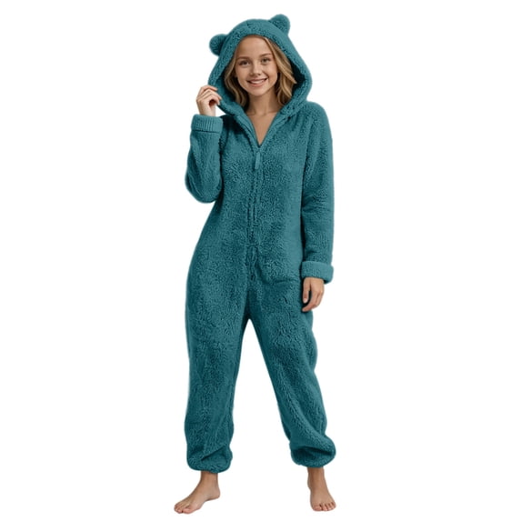 OGLCCG Girls Fleece Zip Up Jumpsuits Kids Hooded Rompers Long Sleeve Soft Fuzzy Onesie Warm Cute Winter Clothes(Green,5-6 Years)