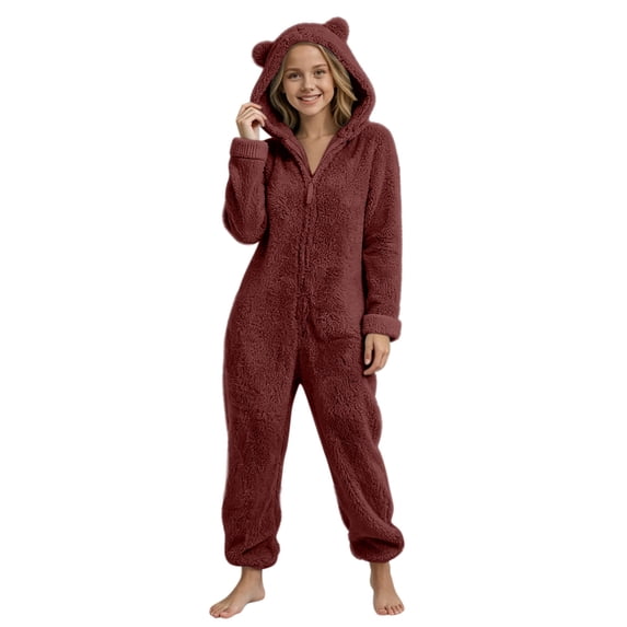 OGLCCG Girls Fleece Zip Up Jumpsuits Kids Hooded Rompers Long Sleeve Soft Fuzzy Onesie Warm Cute Winter Clothes(Wine,3-4 Years)