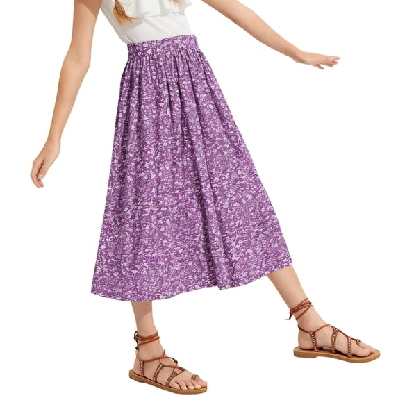 OGLCCG Girls Floral Maxi Skirt Flowy A-Line Summer Boho Skirt Elastic Waist Casual Swing Long Skirts 5-14 Years