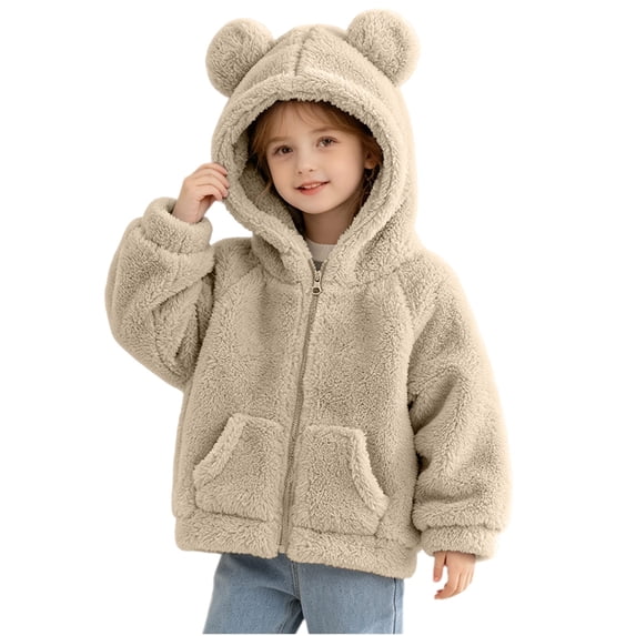 OGLCCG Girls Fuzzy Fleece Jacket Full-Zip Long Sleeve Sherpa Jacket with Ear Hooded Warm Winter Coat for Girls(Khaki,2-3 Years)