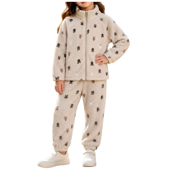 OGLCCG Girls Fuzzy Fleece Pants Set Winter Fluffy 2 Piece Outfits Warm Full Zip Plush Thick Jackets and Long Pants 5-14 Years