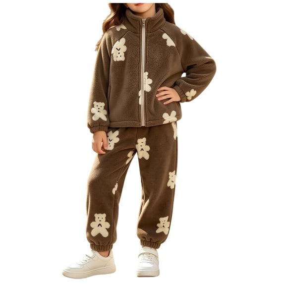 OGLCCG Girls Fuzzy Fleece Pants Set Winter Fluffy 2 Piece Outfits Warm Full Zip Plush Thick Jackets and Long Pants 5-14 Years