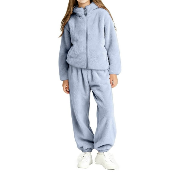 OGLCCG Girls Fuzzy Pants Set Long Sleeve Fluffy Plush Full Zip Sweatshirt and Loong Pants Sets 2 Piece Loungewear Outfits 1-15 Years