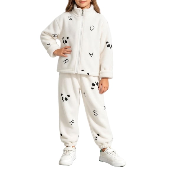 OGLCCG Girls Fuzzy Pants Sets Kid 2 Piece Winter Fleece Outfits Cute Bear Stand Collar Zip Up Sweatshirts Fluffy Sweatpants with Pockets Size 1-13