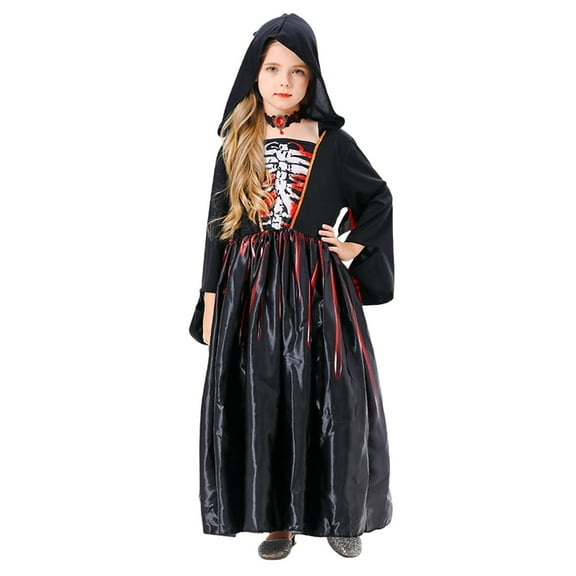 OGLCCG Girls Halloween Witch Dress with Hood Role Play Kids Black Princess Costume Funny Birthday Performance Long Dress 5-14 Years
