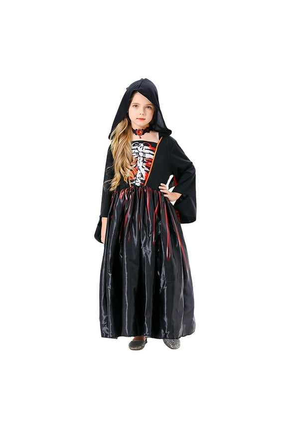 Girls Halloween Witch Dress with Hood Role Play Kids Black Princess Costume Funny Birthday Performance Long Dress 5-14 Years