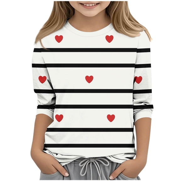 OGLCCG Girls Heart Printed 3/4 Sleeve Tops Loose Crewneck Tunic Pullover Tops Dressy Casual Cute Lightweight Valentines Shirts for Teens 3-12 Years