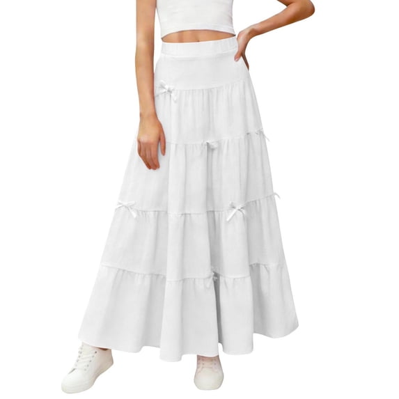 OGLCCG Girls High Waisted Ruffle Maxi Skirt Soft Cute Bow Flared A-Line Long Skirts with for Gir Causal Summer Boho Flowy Skirt 4-15 Years