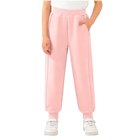 OGLCCG Girls' Joggers Sweatpants Kids Casual Pants Elastic Waisted Soft Athletic Pants with Pocket Solid Color Tapered Trousers 3-17 Years
