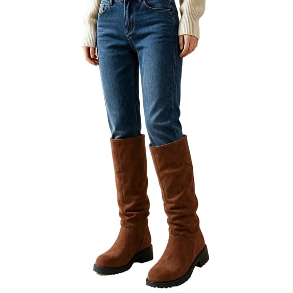 OGLCCG Girls Knee High Boots,Fall Winter Chunky Heel Slouch Long Boot,Pull on Square Toe Heeled Tall Riding Boots Size 4-14