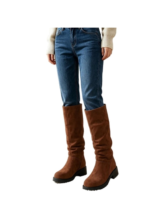 Girls Knee High Boots,Fall Winter Chunky Heel Slouch Long Boot,Pull on Square Toe Heeled Tall Riding Boots Size 4-14