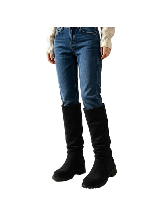 Girls Knee High Boots,Fall Winter Chunky Heel Slouch Long Boot,Pull on Square Toe Heeled Tall Riding Boots Size 4-14