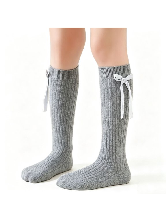 Girls Knee High Socks Non Slip Toddlers Girls Stockings Breathable Cute Bow Long Tube Socks Cable Knit Dress Sock Size 2-8