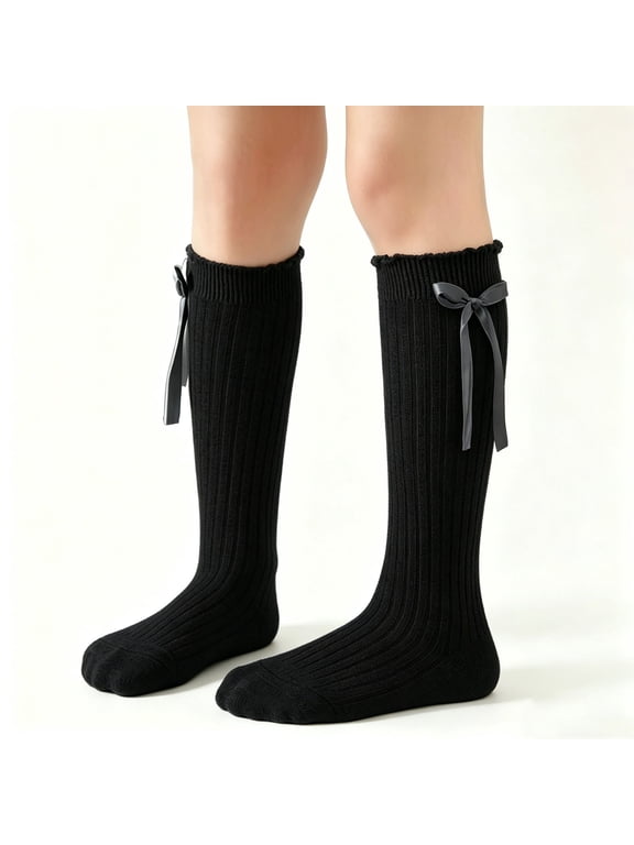 Girls Knee High Socks Non Slip Toddlers Girls Stockings Breathable Cute Bow Long Tube Socks Cable Knit Dress Sock Size 2-8