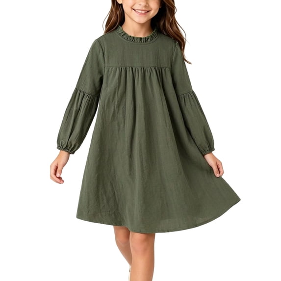 OGLCCG Girls Lantern Long Sleeve Dress Kids Flowy Pleated Crewneck A-Line Fall Dresses Birthday Princess Dress(Army Green,7-8 Years)