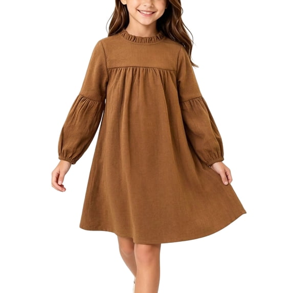 OGLCCG Girls Lantern Long Sleeve Dress Kids Flowy Pleated Crewneck A-Line Fall Dresses Birthday Princess Dress(Brown,7-8 Years)