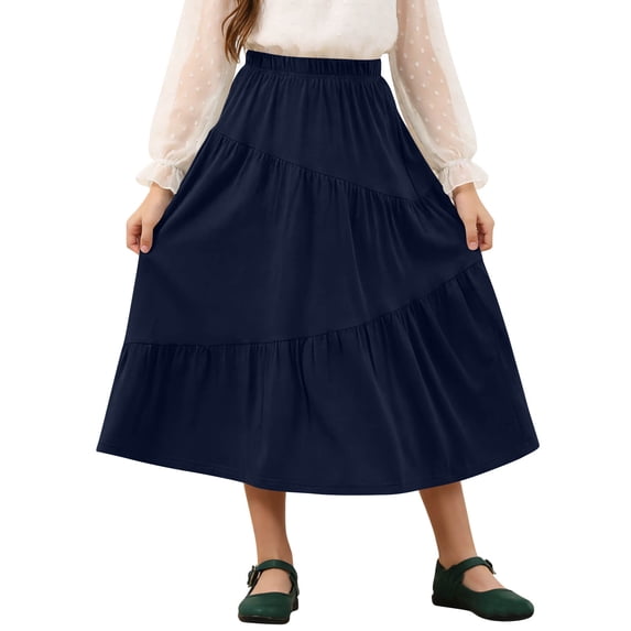 OGLCCG Girls Long Skirts Casual Asymmetrical Tiered Ruffle Hem Swing Skirts High Waist Holiday Boho Fancy Maxi Skirt 4-15 Years