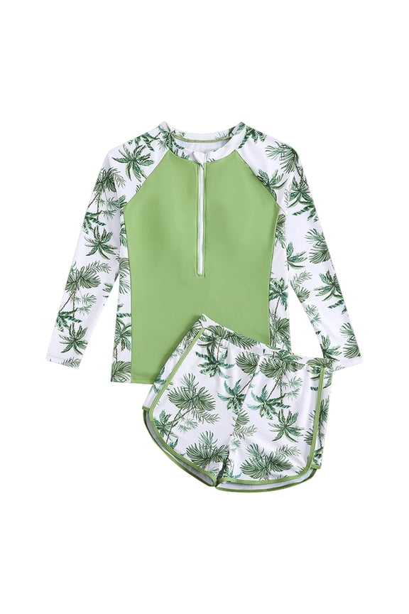 Girls Long Sleeve 2 Piece Swimsuit Rash Guard Boyleg UV UPF 50+ Sun Protection Surfing Bathing Suit with Bottom Zipper Tropical Swimwear 13-16 Years