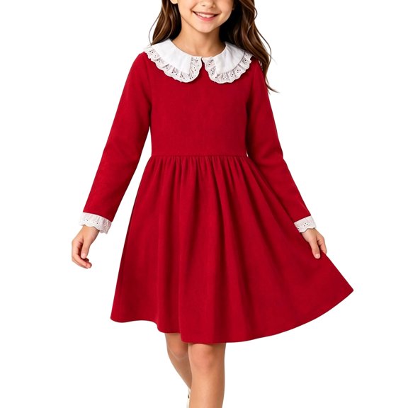 OGLCCG Girls Long Sleeve Princess Party Dress Peter Pan Collar A Line Corduroy Dress Kids Holiday Birthday Christmas Dress(Wine,7-8 Years)