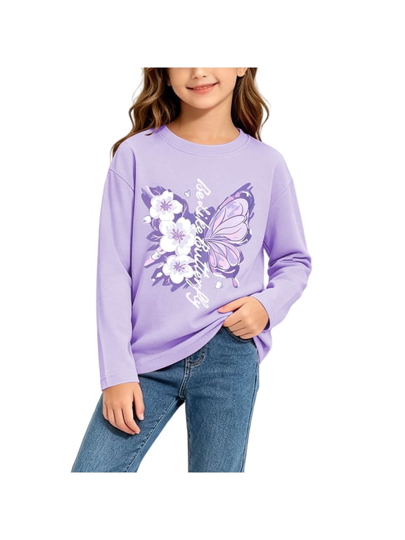 Girls Long Sleeve Shirt Butterfly Printed Versatile Basic Casual Layering Top Cute Graphic Tee for Kids(Purple,7-8 Years)