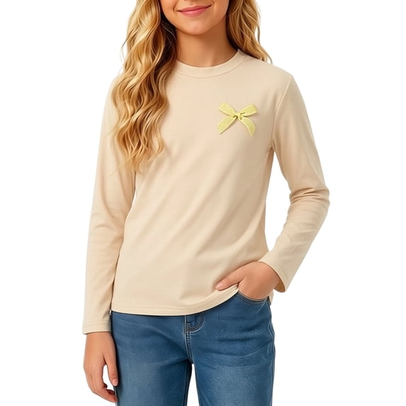 OGLCCG Girls Long Sleeve Shirts,Cute Bow Crew Neck Tees for Toddler & Little Girls,Fall Basic Tops,Size 7