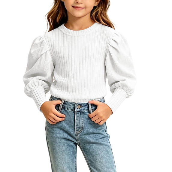OGLCCG Girls Long Sleeve Shirts Fall Puff Sleeve Top Kids Crewneck Ribbed Knit Dressy Blouse(White,1-2 Years)