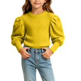 thumbnail image 1 of OGLCCG Girls Long Sleeve Shirts Fall Puff Sleeve Top Kids Crewneck Ribbed Knit Dressy Blouse(Yellow,5-6 Years), 1 of 6