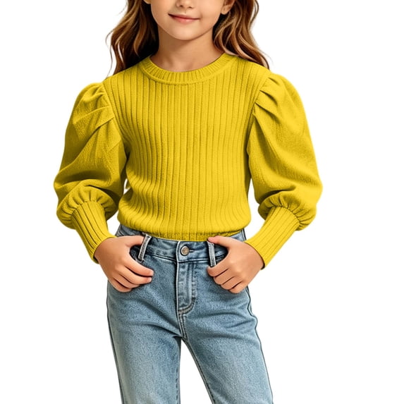 OGLCCG Girls Long Sleeve Shirts Fall Puff Sleeve Top Kids Crewneck Ribbed Knit Dressy Blouse(Yellow,5-6 Years)