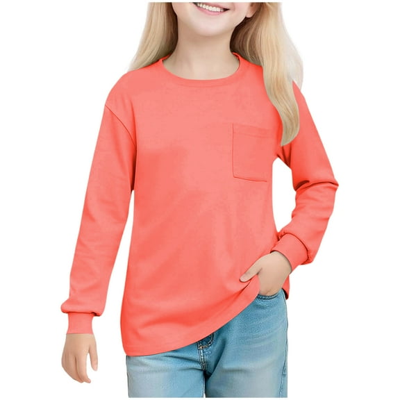 OGLCCG Girls Long Sleeve Shirts Kids Crewneck Soft Tunic Tops Lightweight Solid Color Basic Casual T-Shirts with Pocket 5-14 Years