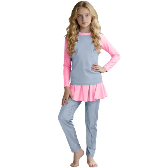 OGLCCG Girls Long Sleeve Swimsuit 3 Piece Color Block Rashguard Bathing Suit with Swimming Cap Quick Dry Modest Islamic Bathing Suit 0-13 Years