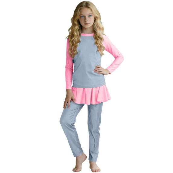 OGLCCG Girls Long Sleeve Swimsuit 3 Piece Color Block Rashguard Bathing Suit with Swimming Cap Quick Dry Modest Islamic Bathing Suit 0-13 Years