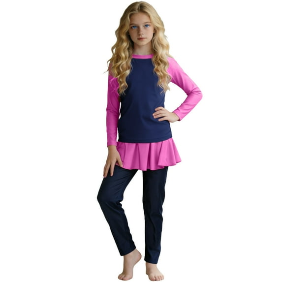 OGLCCG Girls Long Sleeve Swimsuit 3 Piece Color Block Rashguard Bathing Suit with Swimming Cap Quick Dry Modest Islamic Bathing Suit 0-13 Years