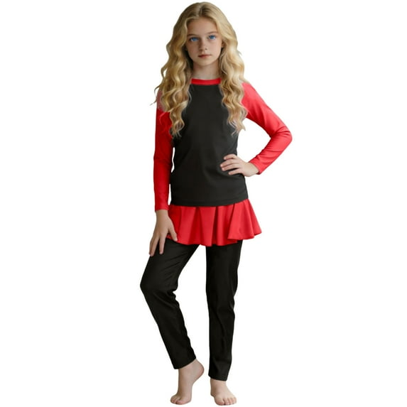 OGLCCG Girls Long Sleeve Swimsuit 3 Piece Color Block Rashguard Bathing Suit with Swimming Cap Quick Dry Modest Islamic Bathing Suit 0-13 Years