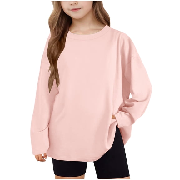 OGLCCG Girls Long Sleeve Tshirts Casual Crew Neck Solid Color Oversized Tees Shirts Kids Baggy Spring Summer Pullover Tops 5-15 Years
