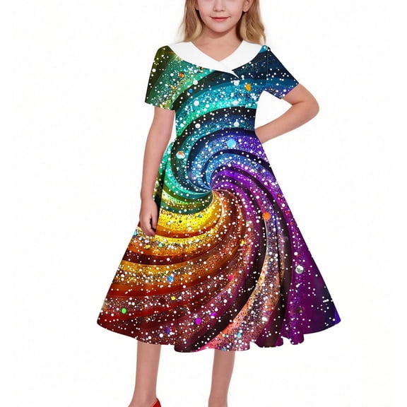 OGLCCG Girls Mardi Gras Dress Stretchy Short Sleeve A line Twirly Skater Dresses Trendy Printed School Party Flowy Tunic Dress 5-14 Years