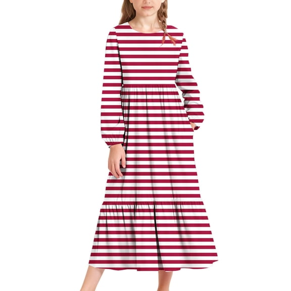 OGLCCG Girls Maxi Dress Striped Long Sleeve Casual Holiday Dress with Pockets for Teens Lightweight Crewneck A Line Tiered Flowy Dress 4-15 Years