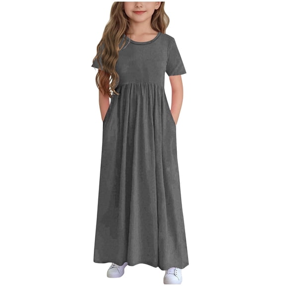 OGLCCG Girls Maxi Dress Summer Crewneck Short Sleeve Casual Holiday Dress with Pockets for Teens Solid Color Flowy Long Dress 4-14 Years