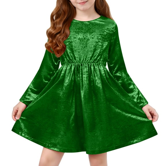 OGLCCG Girls Metallic Dress Kids Crewneck Long Sleeve Sparkly Pleated Party Dresses Solid Color Flowy Pleated Dress 4-12 Years