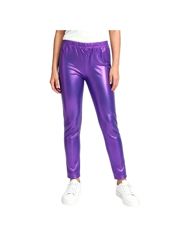 Girls Metallic Leggings High Waisted Kids Yoga Pants Stretch Shiny Running Dance Tights for Teen School Workout Size 2-13