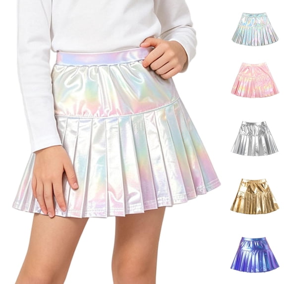 OGLCCG Girls Metallic Skater Skirt Sparkly Shiny Flared Pleated A-Line Mini Skort Holographic Skort with Shorts,Size 12