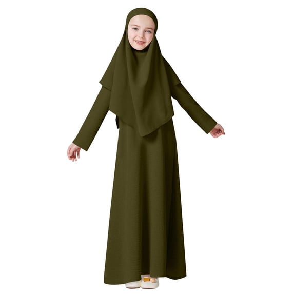 OGLCCG Girls Muslim Abaya Prayer Dress with Hijab 2pcs Solid Color Islamic Middle East Arab Dubai Dress Soft Ramadan Eid Clothes 4-12 Years