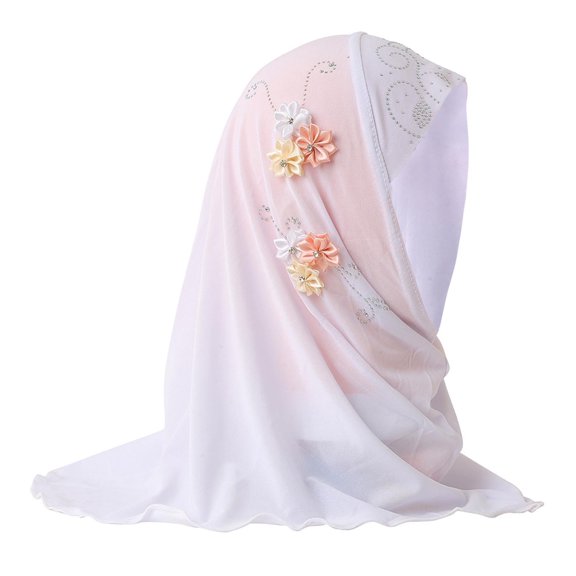 OGLCCG Girls Muslim Hijab Cotton Kids Floral Lace Head Scarf Shawls Neck Wrap Islamic Scarf Shawls Lace Headscarf Cap for Girls Age 4-6