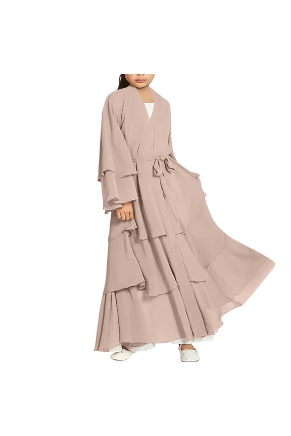 Girls Muslim Prayer Dress V Neck Islamic Kids Traditional Eid Ruffle Flowy Long Dresses Soft Pullover Abaya Clothes 5-14 Years