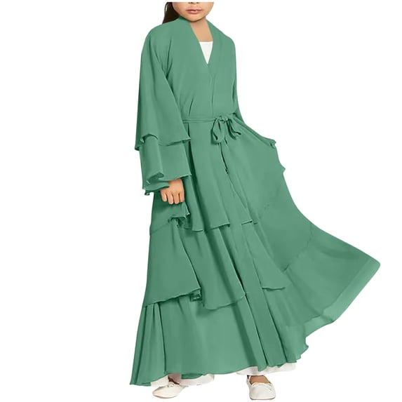OGLCCG Girls Muslim Prayer Dress V Neck Islamic Kids Traditional Eid Ruffle Flowy Long Dresses Soft Pullover Abaya Clothes 5-14 Years